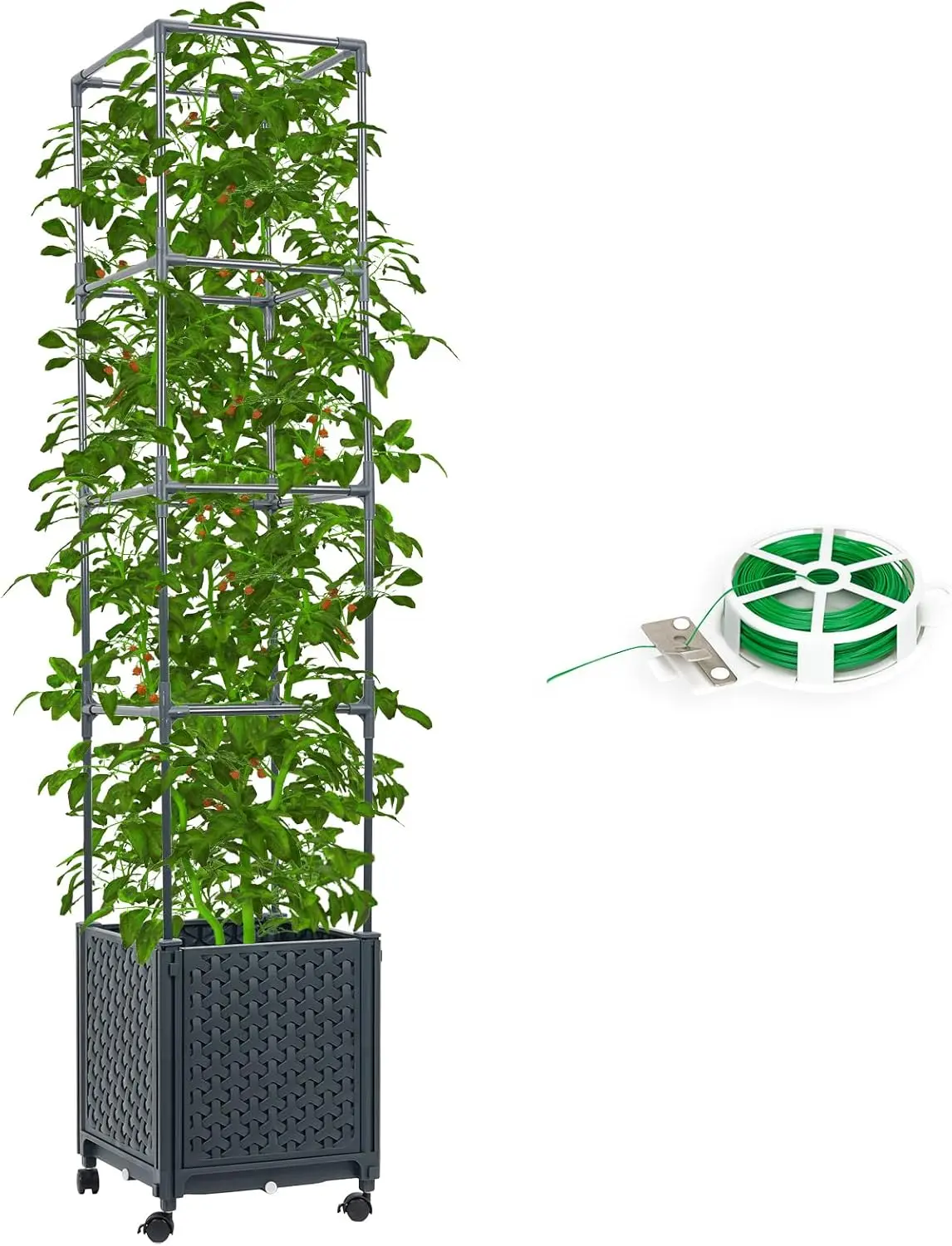 

Raised Garden Bed with Tomato Cage 56.7\u201d Self Watering Tomato Planter Boxes with Trellis Wheels for Outdoor Climbing Flower