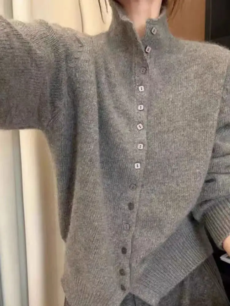 2025 Autumn/Winter 100% Wool Knit Cardigan Sweater Women Half-turtleneck Coat Female Long Sleeve Tops Korean Fashion New Jacket