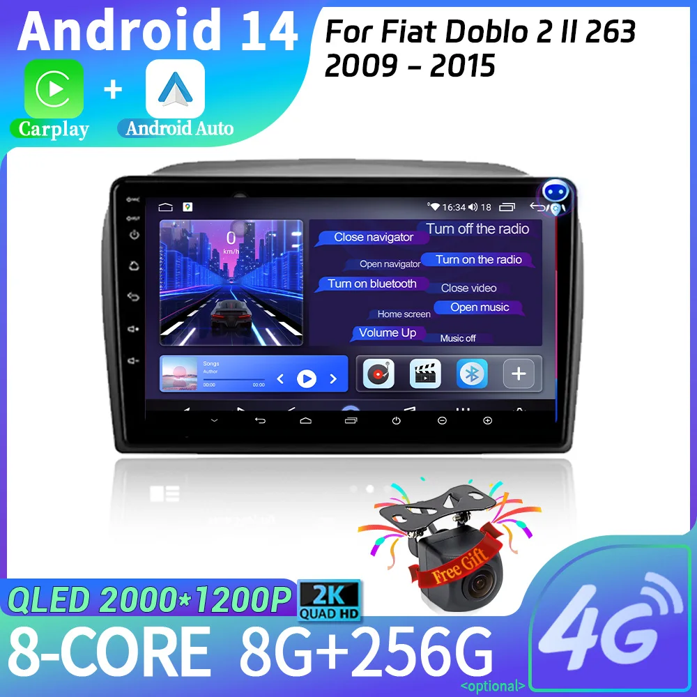 

Android 14 для Fiat Doblo 2 II 263 2009-2015 автомобильное радио, мультимедийная навигация, головное устройство, экран Wi-Fi, беспроводное Carplay, стерео