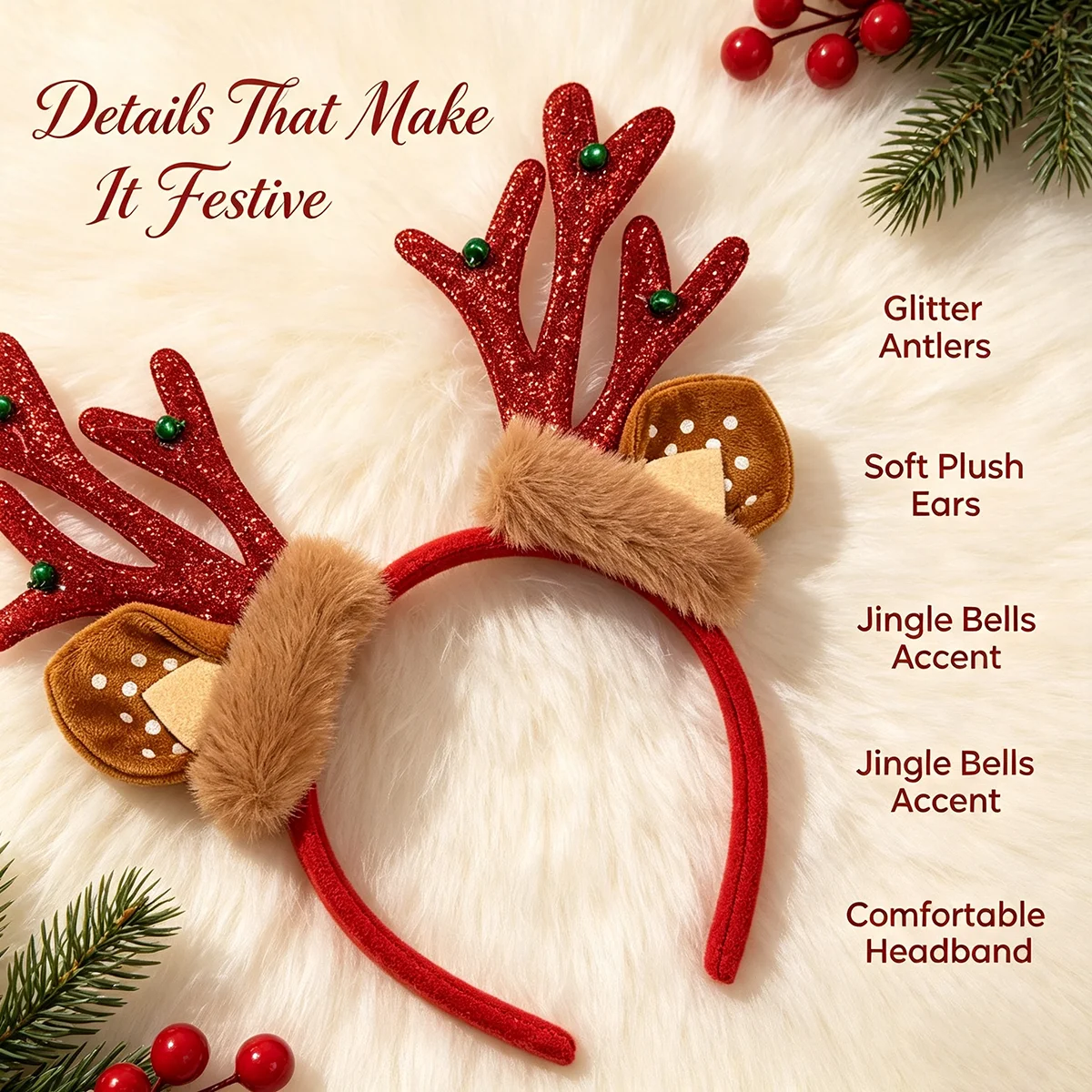 赤いグリッタートナカイの角のヘッドバンド、ぬいぐるみの鹿の耳 - Reindeer Antlers Headband のレビューと価格