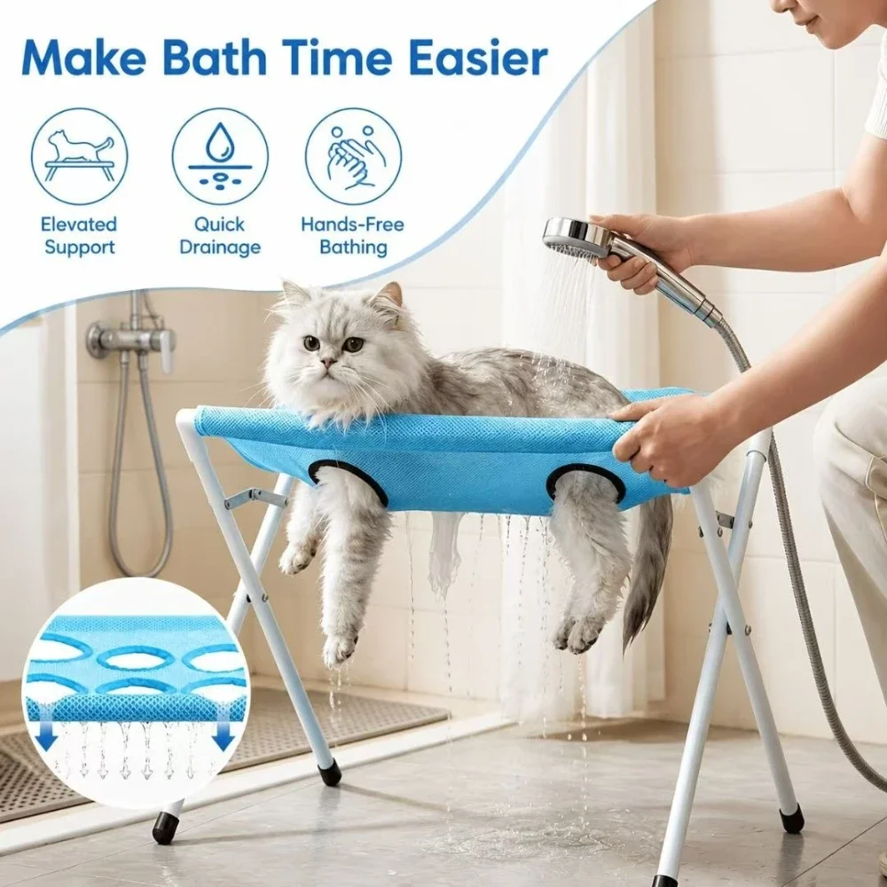 Foldable Pet Bathing Hammock Table,Breathable Mesh Pet Grooming Stand,Portable Washing Restraint Rack for Small Dogs Cats Shower
