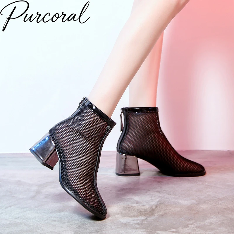 2026 New Women Mesh Ankle Boots Square Toe Back Zipper Block Heel Hollow Out Breathable Booties Summer Ladies Casual Short Boots
