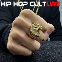 High end custom men's ring, luxurious diamond inlay, 18K gold-plated, exquisitely carved horse totem, hip-hop trendy decoration