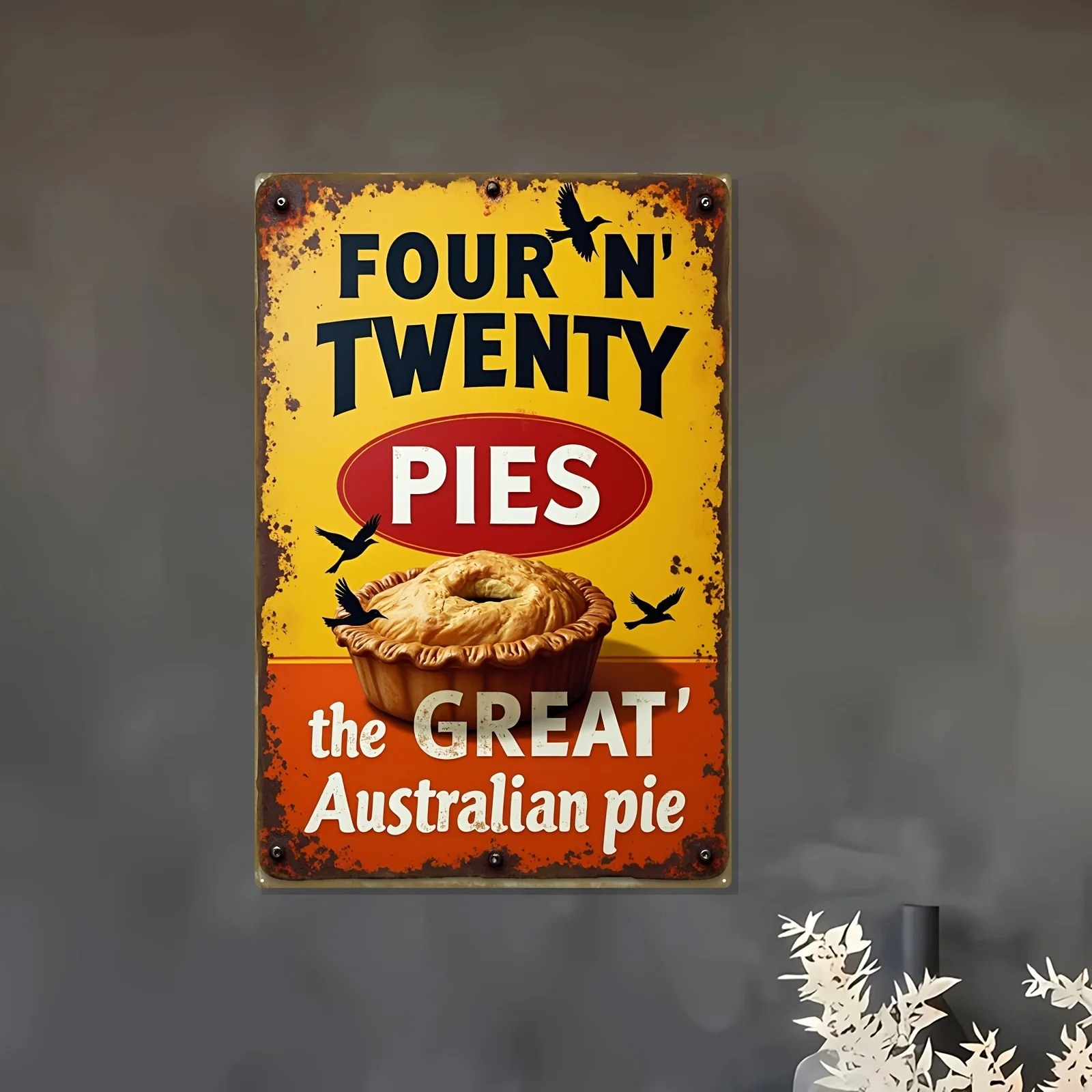 2D Flat - 2D Retro Australian Pie Tin Sign - 8X12 Inch Metal Wall Art Featuring The 