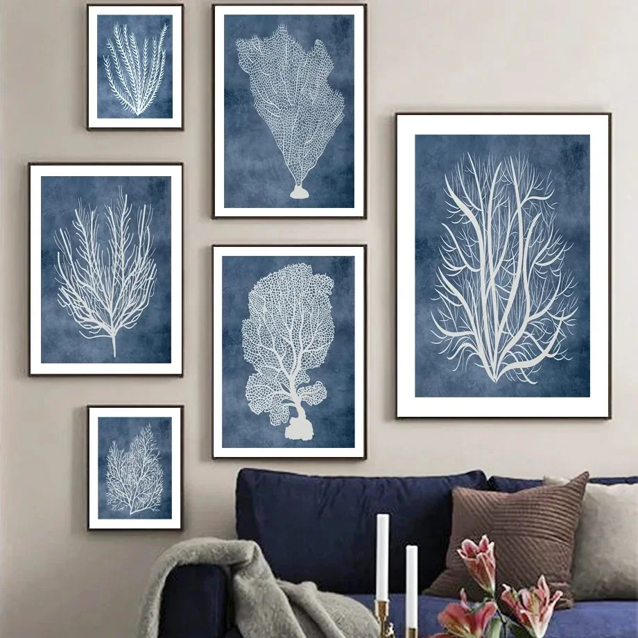 Navy Blue Sea Coral Seaweed Wall Art Canvas Painting  Nordic Beach House Posters  Prints for Living Room Decor  Coastal Wall Pic