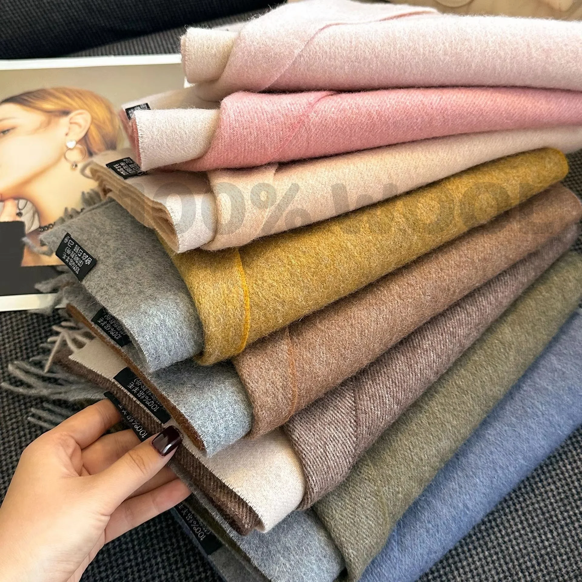 

Зимний шарф из 100% шерсти, женский роскошный двухсторонний кашемировый шарф, утолщенная теплая шаль, классический шарф с кисточками, однотонная мягкая шаль