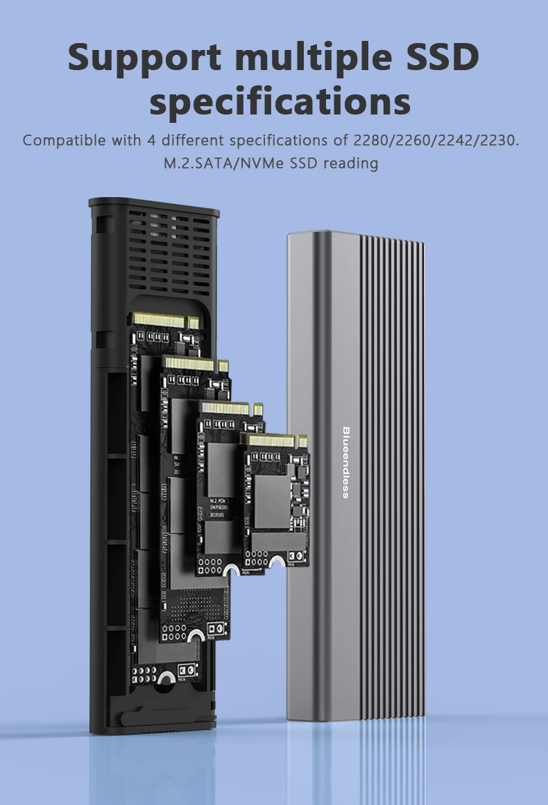 Blueendless Dual Protocol M2 SSD Case NVME Enclosure M.2 to USB Type C 3.1 SSD Adapter for NVME+NGFF SSD Disk Box M.2 SSD Case