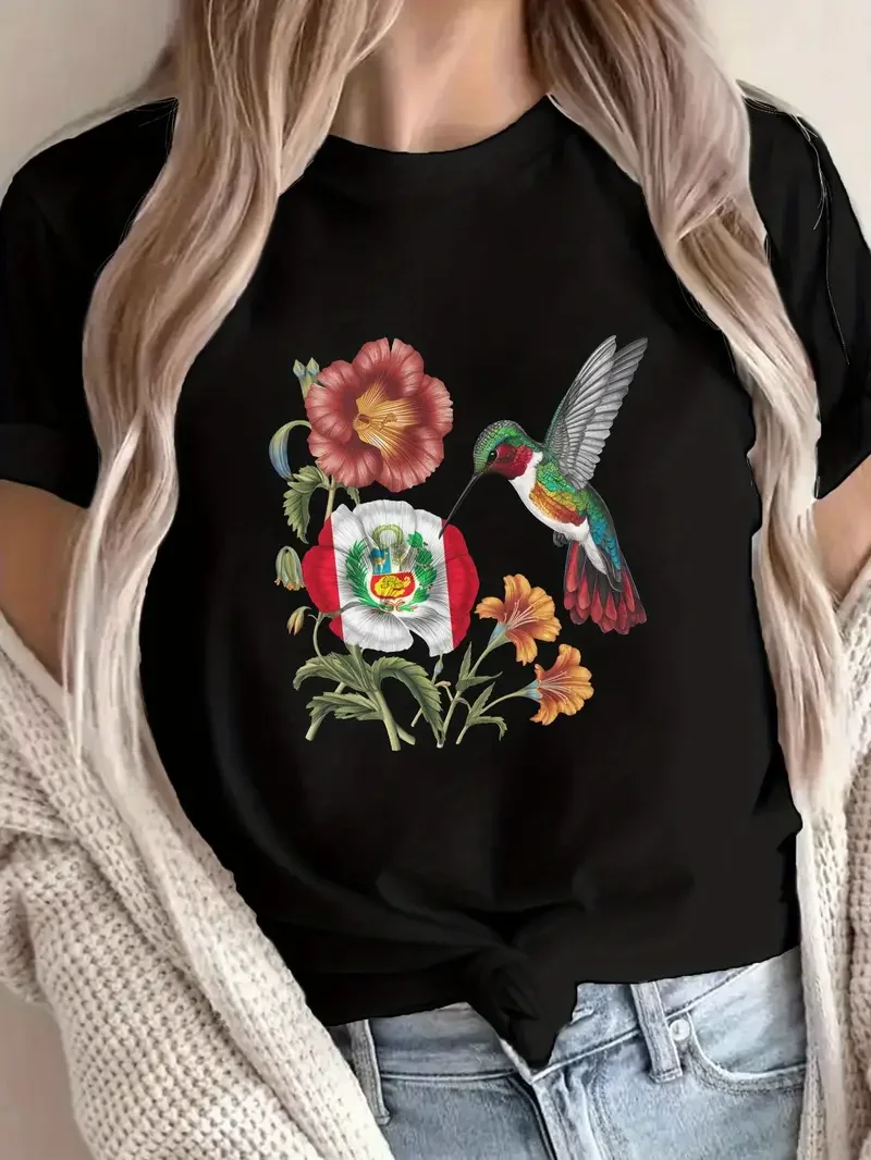 Vintage Surinam-Inspired Floral & Hummingbird Print Women T Shirt Men Tee Casual Oversize Loose O-Neck Cotton Summer Streetwear
