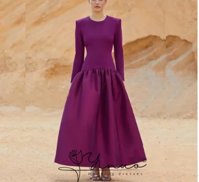 customized Quality Grape Evening Celebrity Dress O-Neck Long Sleeves Ankle Length Satin Prom Formal Party Gowns Modern Robe De S