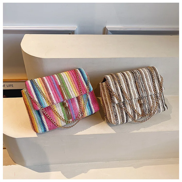 Bohemia Rainbow Weave Handbags For Women Retro Ethnic Style Underarm Bags Metal Chain Shoulder Bags Ladies Daily Shopping Bag