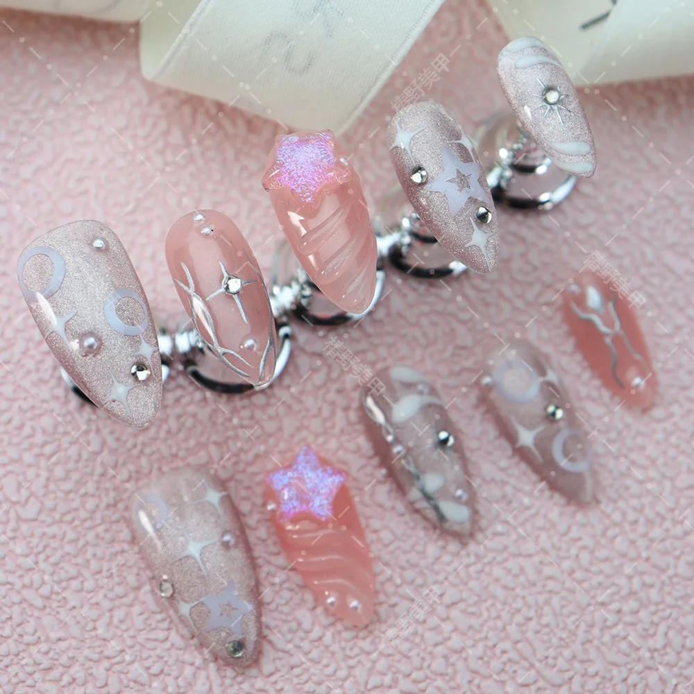 Handmade Press on Nails Ins Pearlescent Pink Star Spice Girls Fake Nails Full Cover Wearing Sweet Korean y2k Almond False Nails