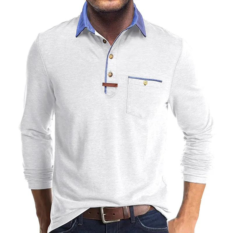 Langarm-Poloshirt für Herren, lässig, schmale Passform, Henley-Kragen, T-Shirt mit Tasche, Smart Blend Tops – Detail 11