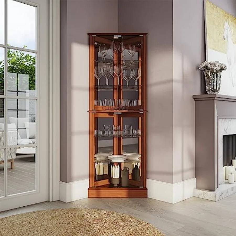 Lighted Corner Display Curio Cabinet for home bar use, wooden material, walnut finish, tempered glass door and 6 adjustable she view 3