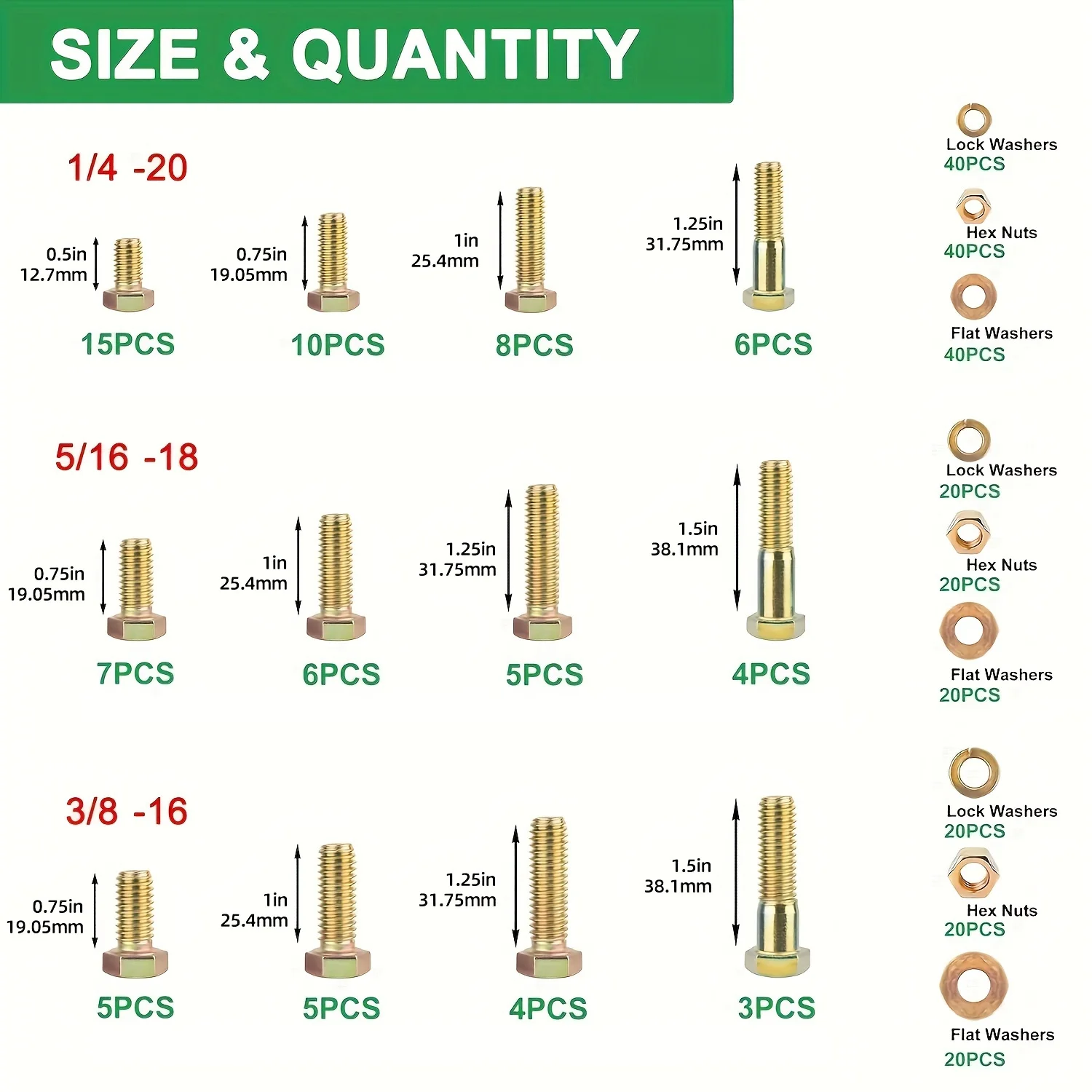 318/608pcs Grade 8 Heavy Duty Nuts and Bolts Assortment Kit, 1/4-20, 5/16-18, 3/8-16 Hex Bolts Nuts Washers Assortment Kit