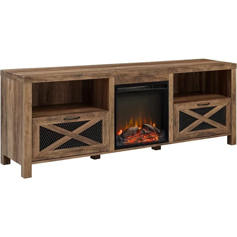 Walker Edison Calgary Industrial Farmhouse X-Drawer Metal Mesh and Wood Fireplace TV Stand for TVs up to 80 Inches, 70 Inch