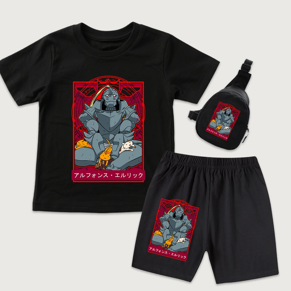 Full Metal Alchemist Alphonse Anime Print T Shirt and Shorts with Mini Chest Bag for Kids Cotton Summer Clothing 3Pcs Set