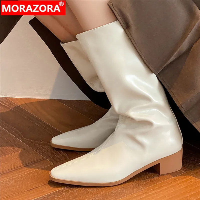 

MORAZORA 2024 New Size 34-42 Ladies Mid Calf Boots Genuine Leather Winter Boots Woman Concise Square Med Heels Shoes