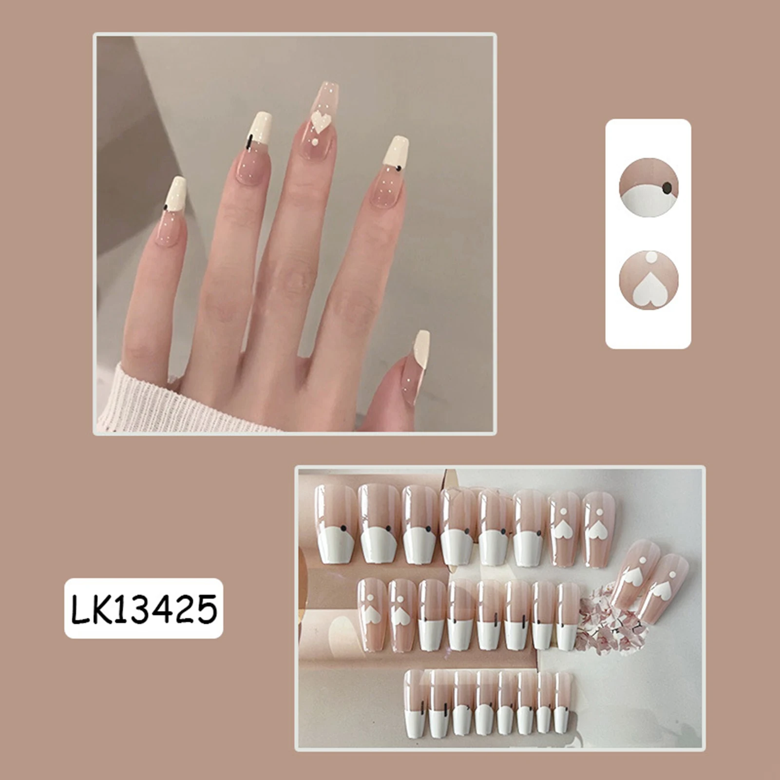 Ultra-long Nude Color Fake Nail White Tips Heart Pattern Simple Style Artificial Nail for Women and Girl Party Activity