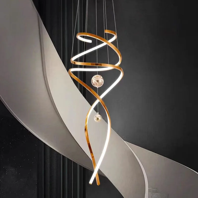 New Modern led High Ceiling chandelier For Staircase Living Room Geometric Line Pendant Lamp Dining Room Hanging Lighting Luster