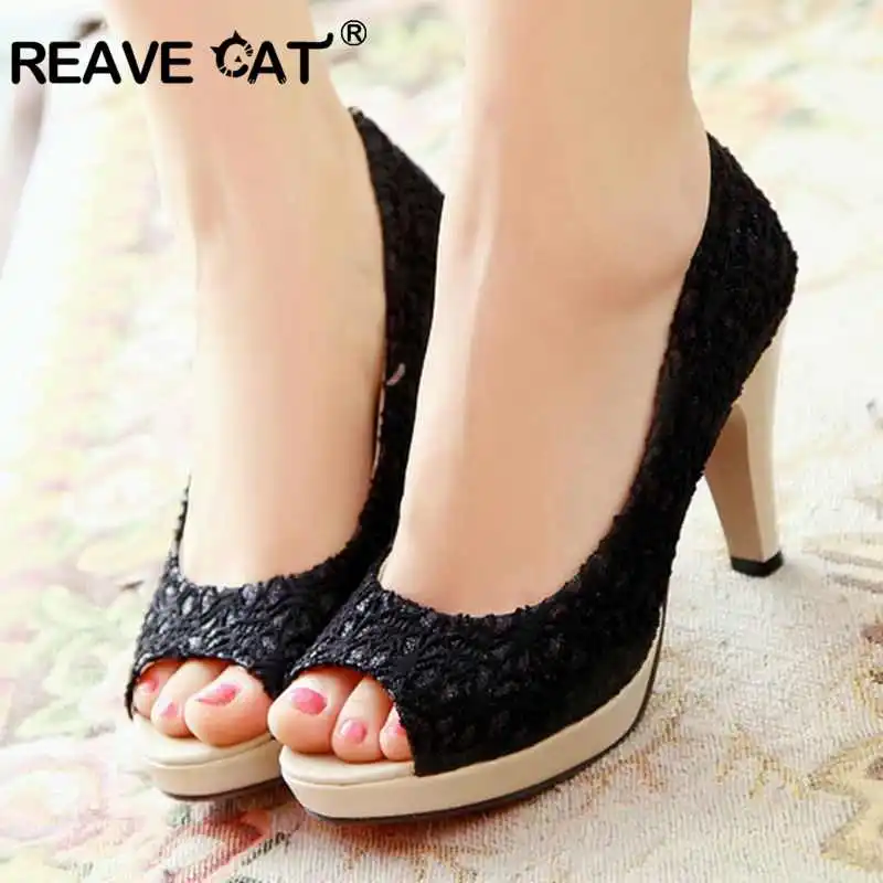 REAVE CAT Lace Women Cone High heels Peep toe Pumps Ladies  Big size 43 Spring Summer Party chaussures femme Zapatos mujer Black