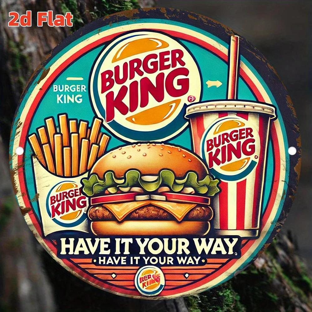 Cartel de chapa de metal 2D plano y redondo vintage Burger King - Decoración de pared retro con diseño icónico de hamburguesas, patatas fritas y bebidas - Waterpro
