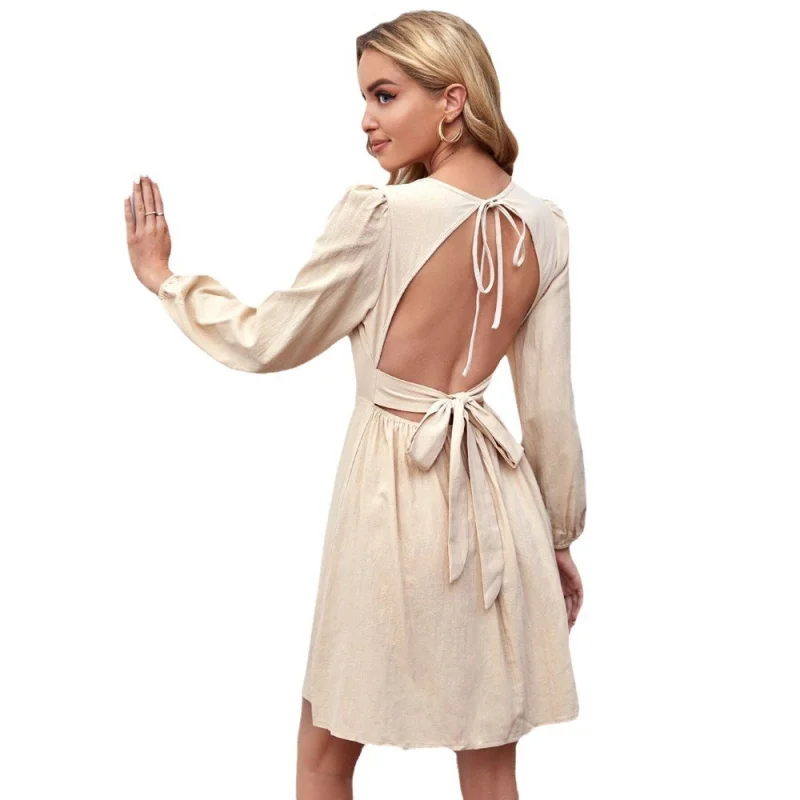 YQ1-2025New Style Independent Brand Women's Sexy Backless Tie Waist Long Cotton ShirtaWord Dress