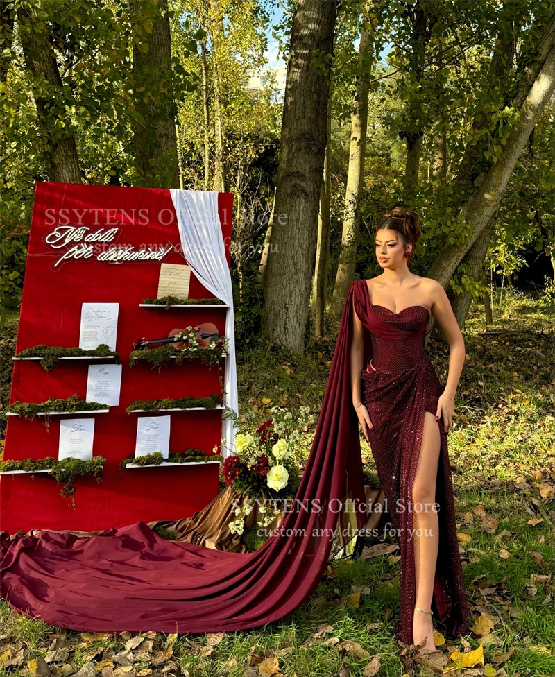 SSYTENS – robe de soirée de forme sirène, bordeaux, fente haute, asymétrique épaule dénudée, robe de bal à paillettes, pour occasions formelles, personnalisée