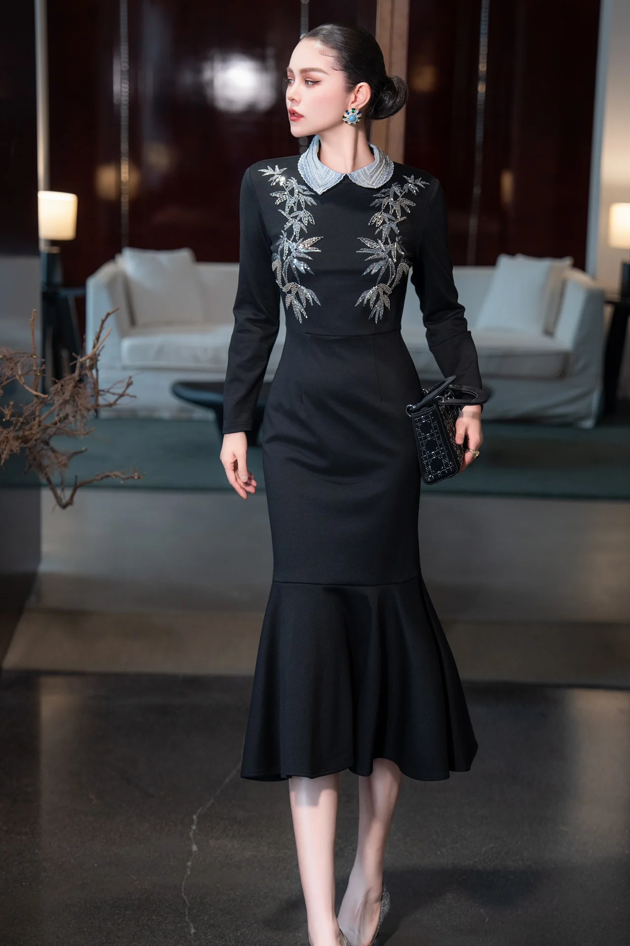 ZJYT Runway 2025 Fashion Embroidery Black Mermaid Dresses Women Long Sleeve Midi Prom Party Dress Elegant Spring New Vestidos