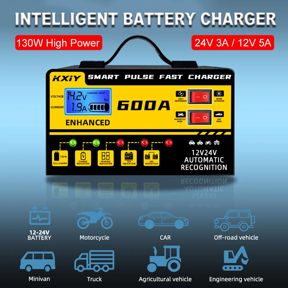 12V 5A / 24V 3A Storage Battery Chargers Digital Voltage Detect Intelligent Pulse Repair With Switch Car Battery Chargers 130W