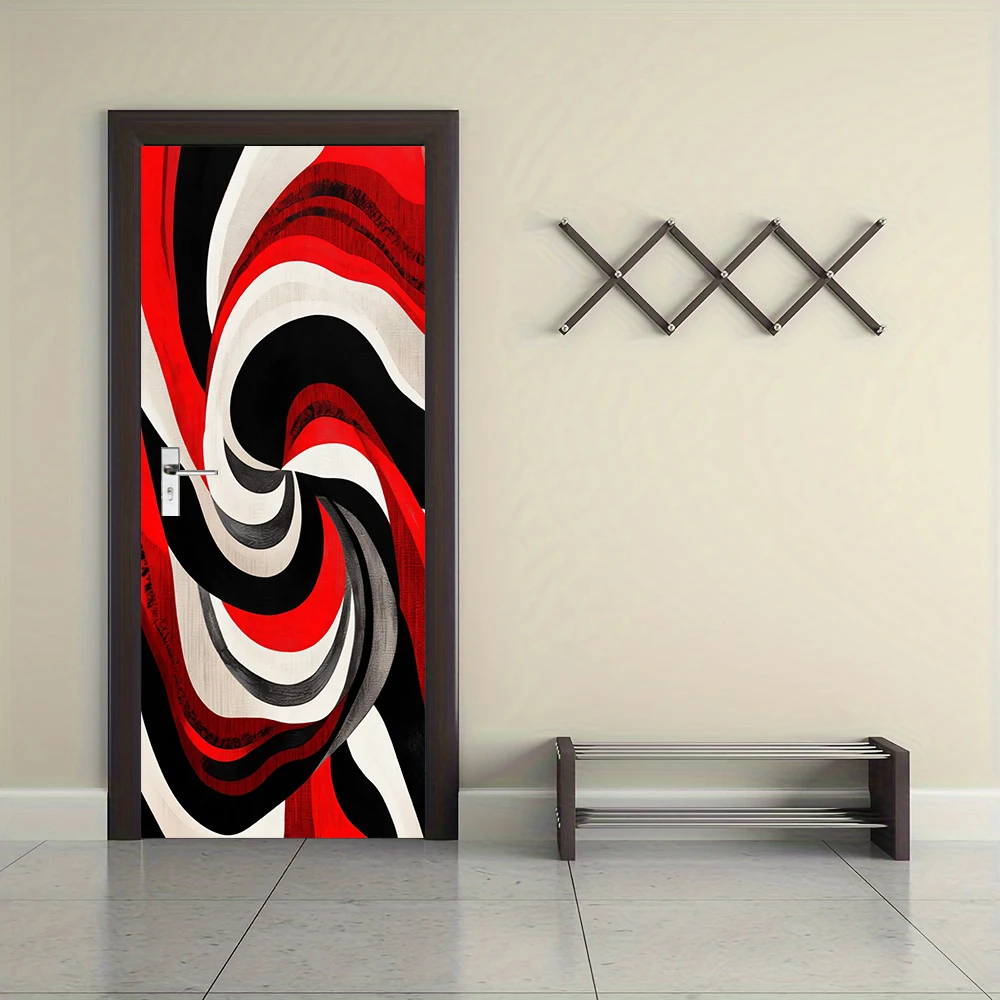 1pcs Self-Adhesive Removable Vinyl Door Stickers  Modern abstract art door stickers with red, black, and white geometric vortex