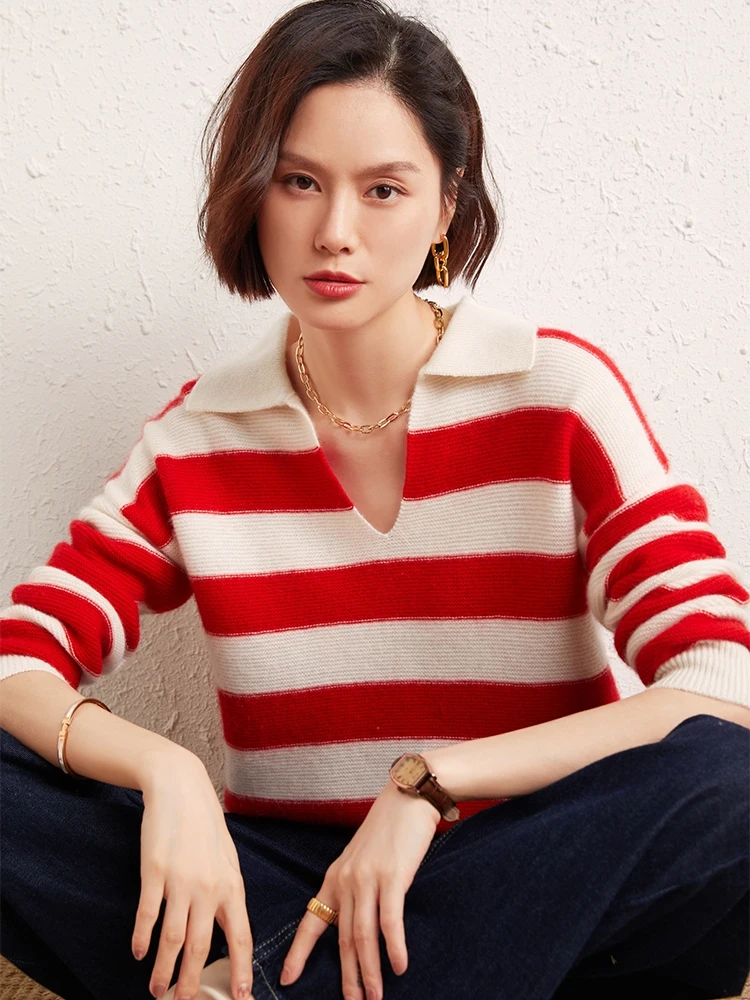 Women 100% Cashmere Pullover Sweater Autumn Winter Lapel Striped Clashing Color Intellectual Elegant Slim Kint Long Sleeve Tops