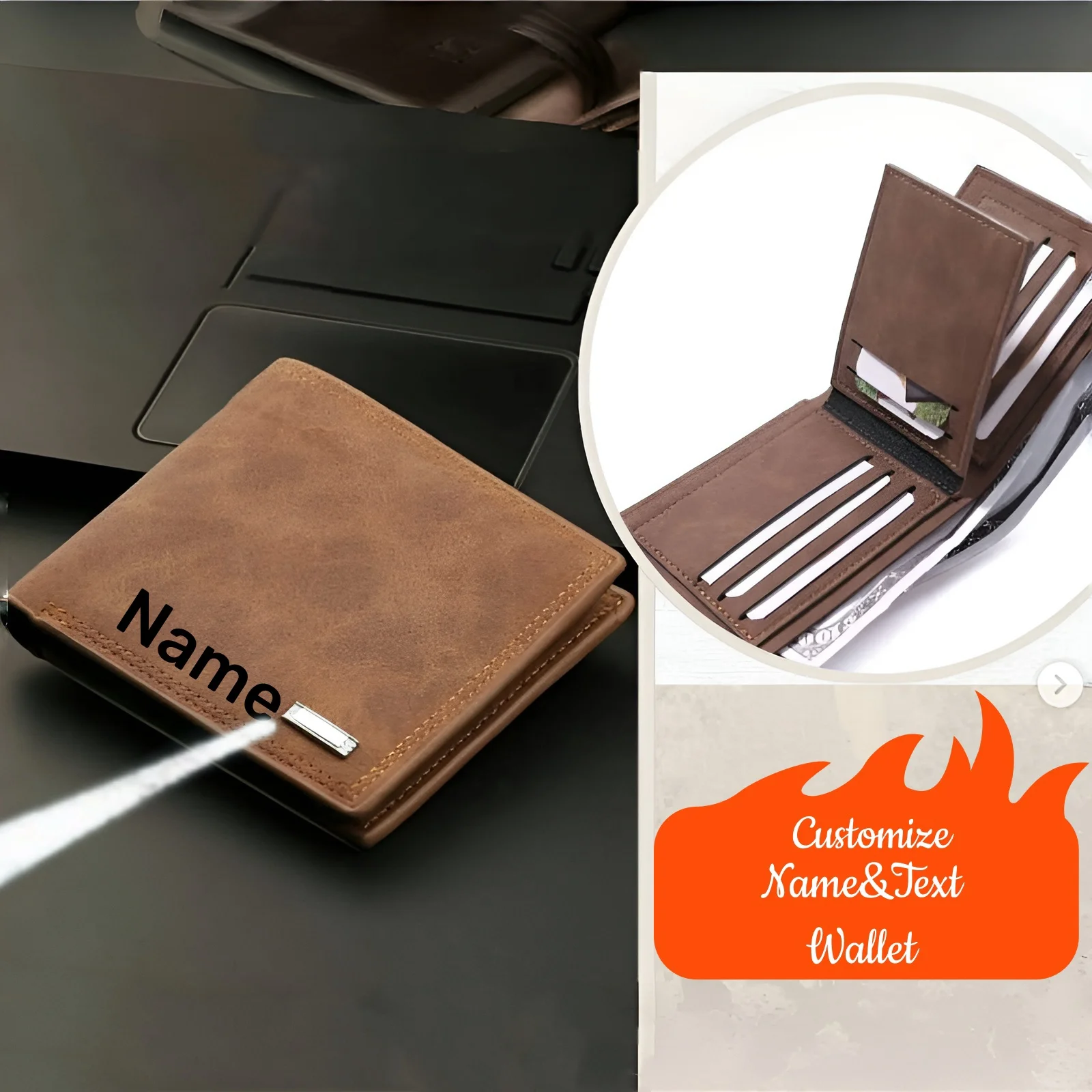 Personalized Artificial Leather Brown Name Mens Wallet, Gift for Anniversary, Graduation, Dad, Boyfriend, Him, Husband, Father,