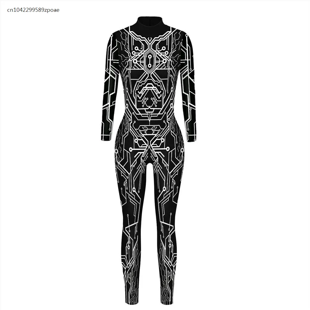 2024 Messy Lines Print Black Jumpsuit  Long Sleeve Sexy Women Skinny Jumpsuit Party Series Cosplay Elastic Bodysuits