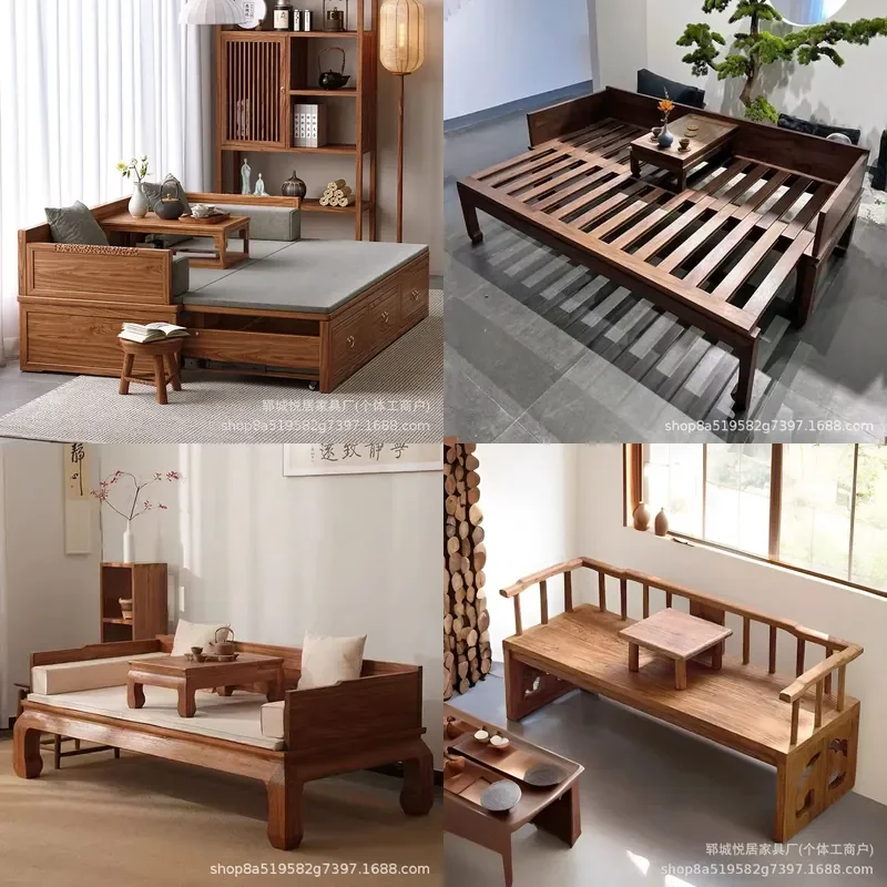 For Living Room Chinese Old Elm Arhat Bed Solid Wood Retractable Sofa Bed Double Chaise Longue Beauty Couch Furniture