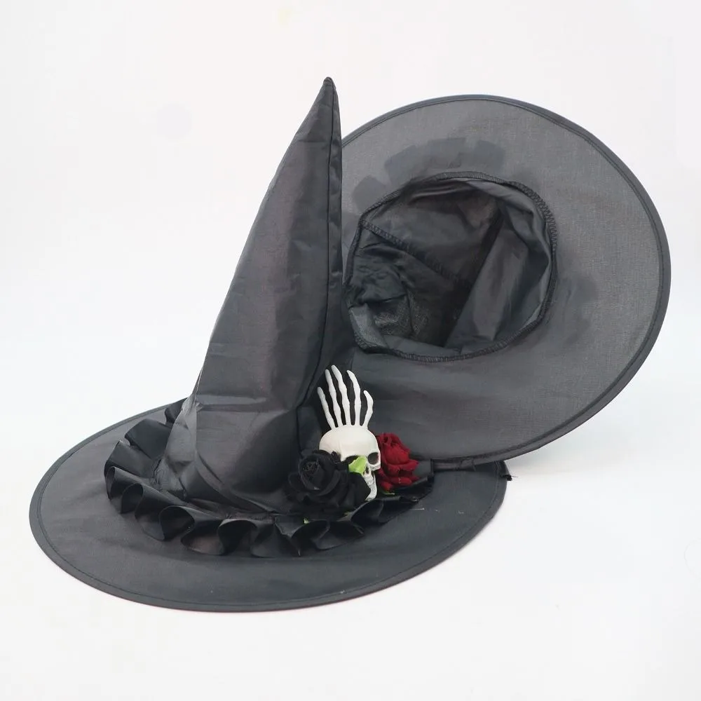 

Punk Skeleton Hand Skull Wizard Cap Black Oxford Halloween Witch Hats Flower Decoration Witch Hat Night club