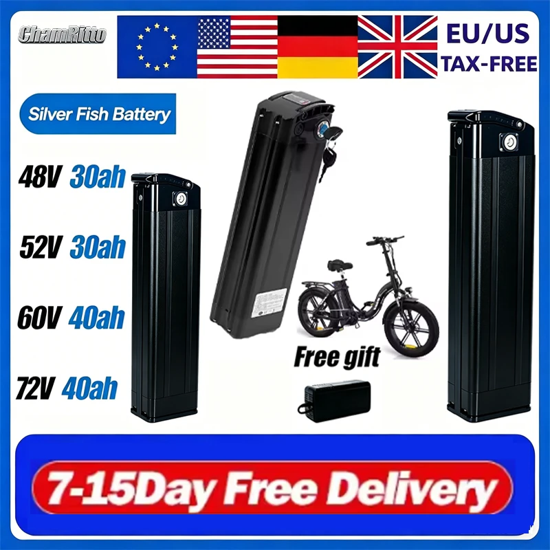 

Литиевая батарея 36В/48В/52В/60В/72В, высокомощная, большой емкости, черная/серебристая, тип «рыбий хвост» с нижним выходом питания