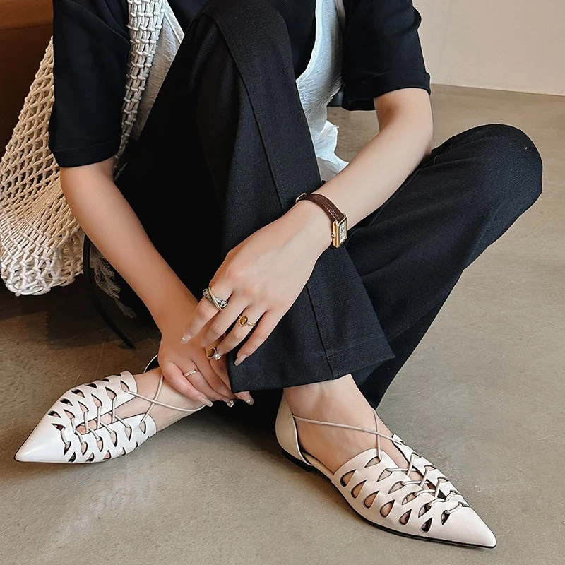

NEW Summer Women Sandals Genuine Leather Shoes for Women Pointed Toe Low Heel Shoes Narrow Band Cover Toe/Heel Modern Sandals