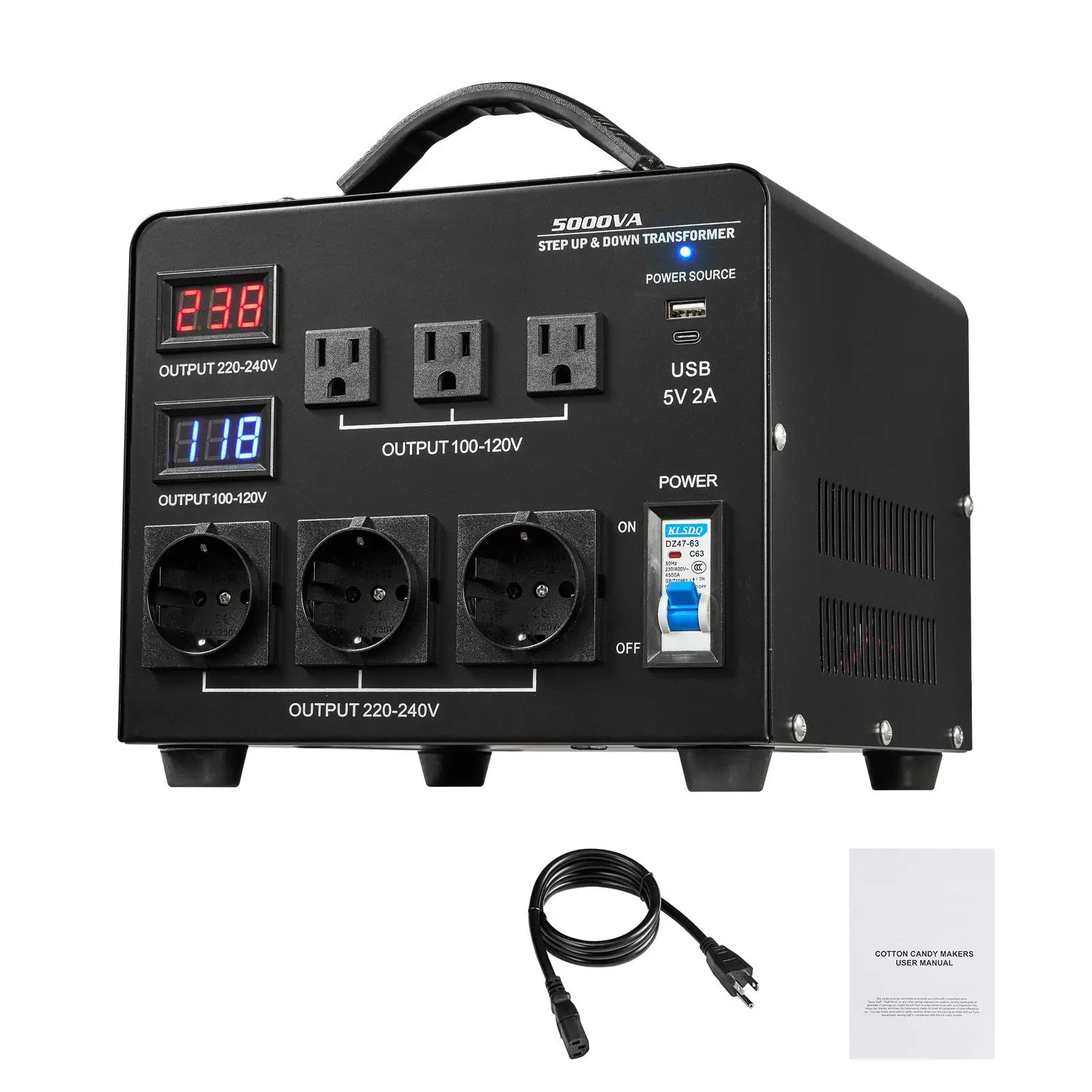 Voltage Auto Converter Transformer, 5000VA, Heavy Duty Step Up/Down Power, 110V to 220V and 220V 110V, with 3 US Outlets, 3 EU