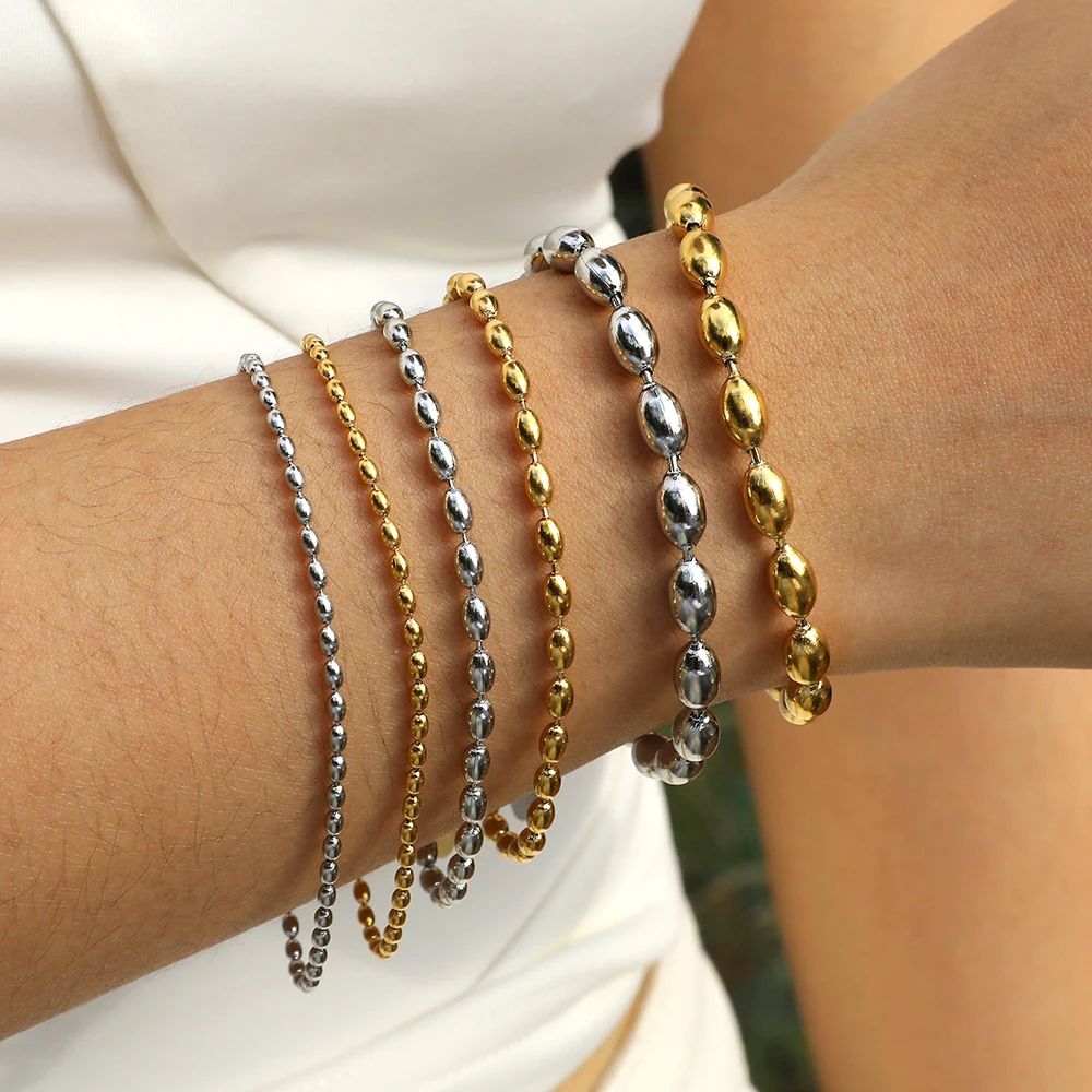 Pulsera de Cadena de Bolitas de Acero Inoxidable Ajustable de 16-21 cm, Color Dorado/Plateado, Pulsera Minimalista con Eslabones Ovalados para Mujer y Hombre, Regalo