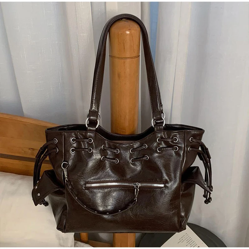 New Stud String Big Bag Korean Fashion Tote Bag Cool Motorcycle Bag Retro Y2k Shoulder Bag Travel Handbag Luxury Crossbody Bag
