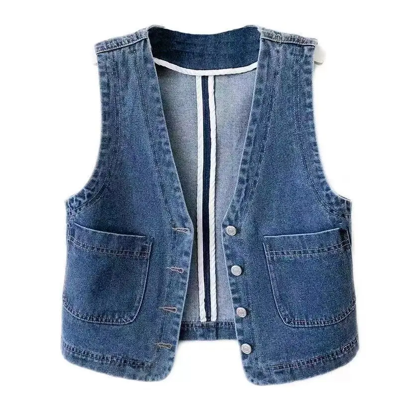 

2025 Spring Autumn Sleeveless Denim Jacket Vest Women Korean Fashion Single Breasted Jean Waistcoat Casual Short Coats