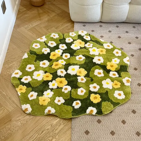 Daisy Tufting Moss Bathroom Mat Soft Bedroom Rug Meadow Green Plants Living Room Carpet Bedside Floor Pad Aesthetic Home Decor