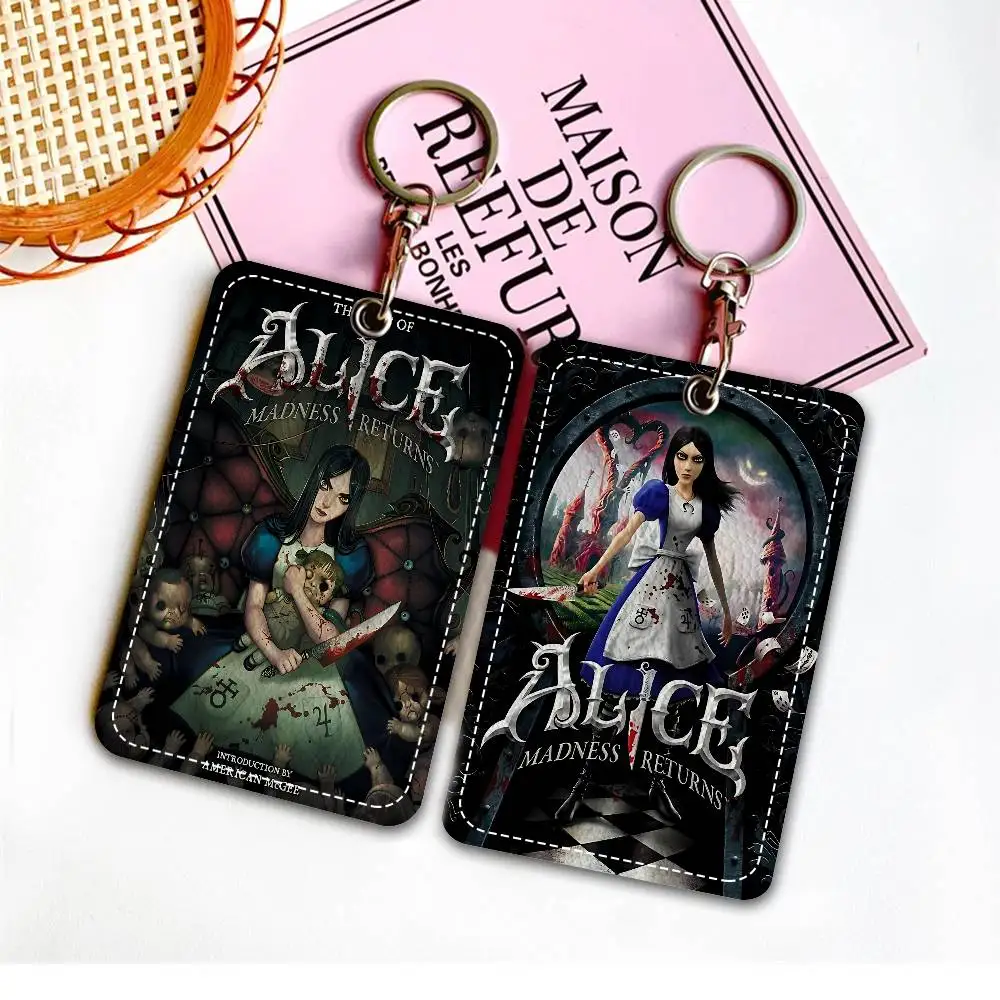 Popular Adventure Game A-Alice M-Madness R-Returns 1Pc PU Leather Card Holder Keychain Key Ring Door Lock Access Tags