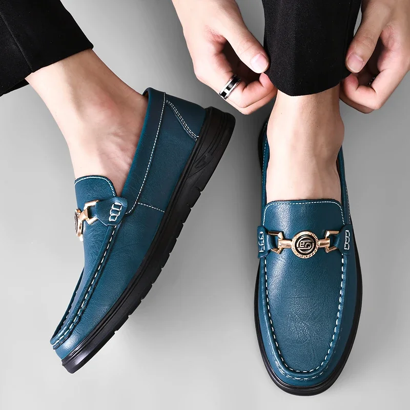 British Style Casual Leather Men Dress Blue Breathable Business Leather Shoes Handmade Loafers Classic Men Wedding Oxfords Flats