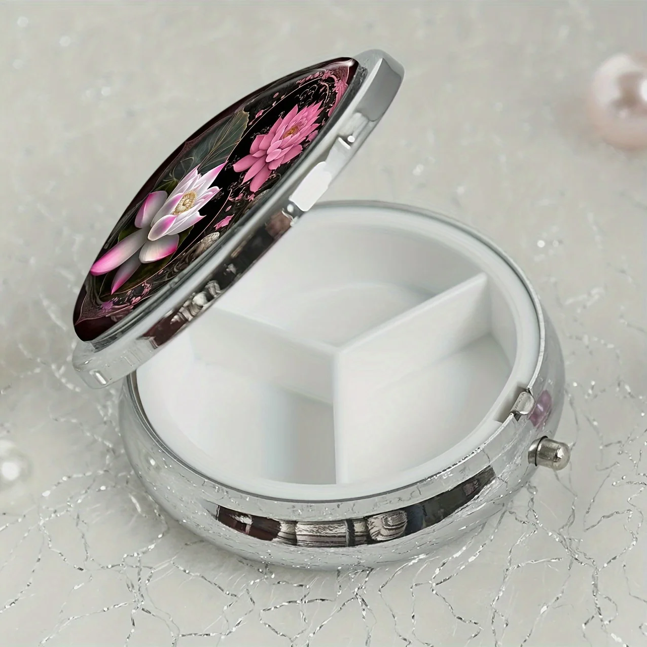 A lotus shaped round medicine box,a household portable medicine storage box,a 3-compartment sub-packaging medicine box