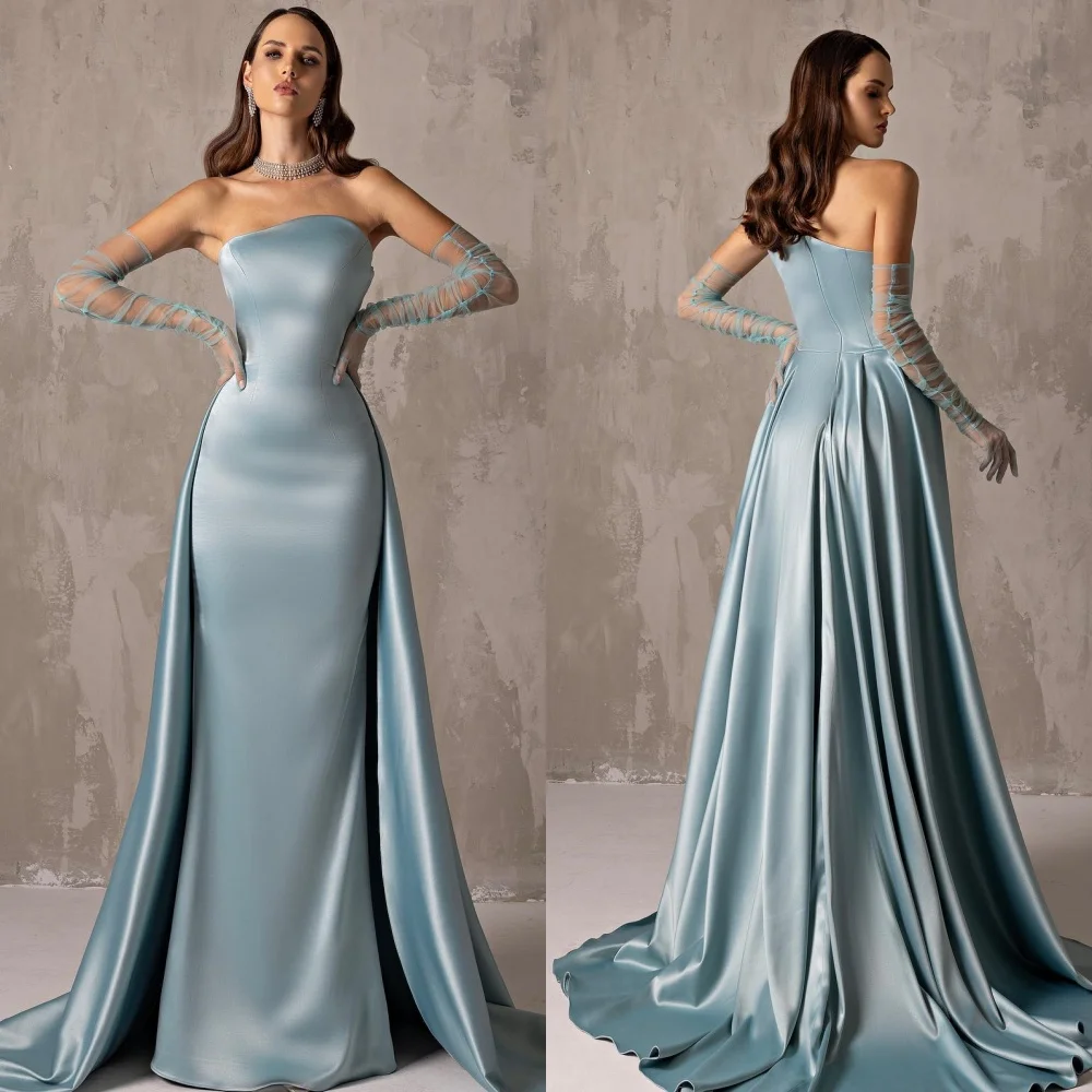 Customized Evening Satin Draped Pleat Ruched Christmas A-line Strapless Bespoke Occasion Gown Long Dresses  Sexy Casual 