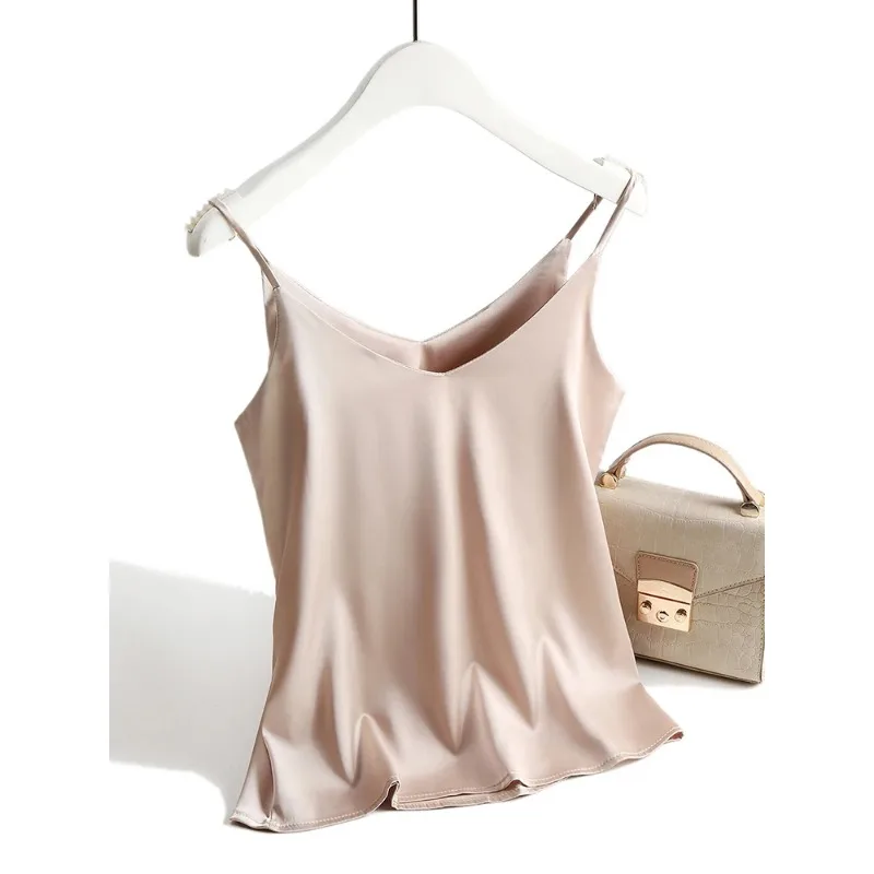 

Spaghetti Strap Top Women Halter V Neck Basic White Cami Sleeveless Satin Silk Tank Tops Women'S Summer Camisole