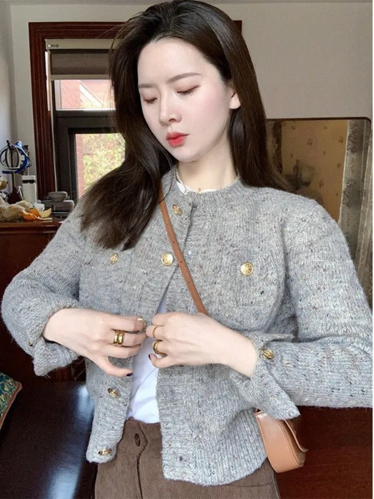 Ezgaga Cropped Cardigan Women O Neck Pockets Single Breasted Autumn Winter Fashion Knitted Sweater Female Tops Elegant