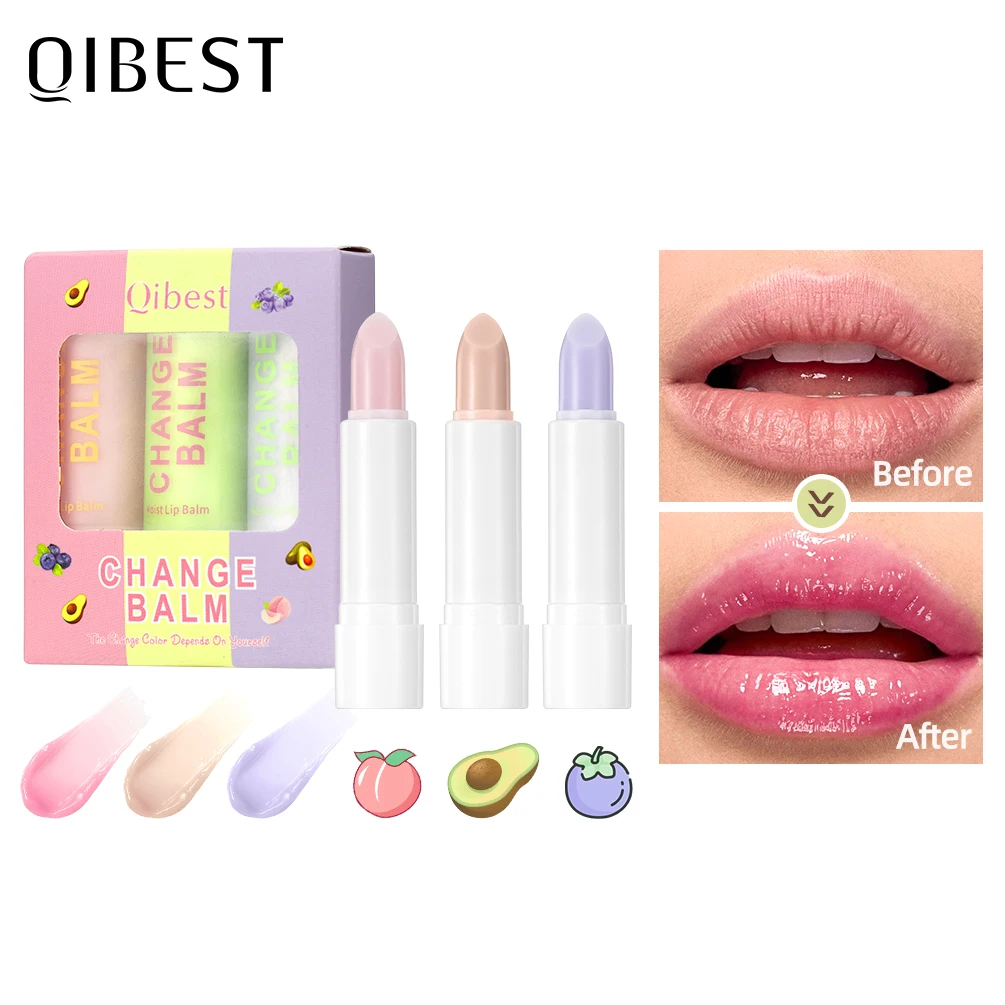 QIBEST Color Changing Lip Balm Makeup Sets Moisturizing Colorless Pink Orang Tinted Lipstick Lasting Lip Stain Cosmetic Lip Care