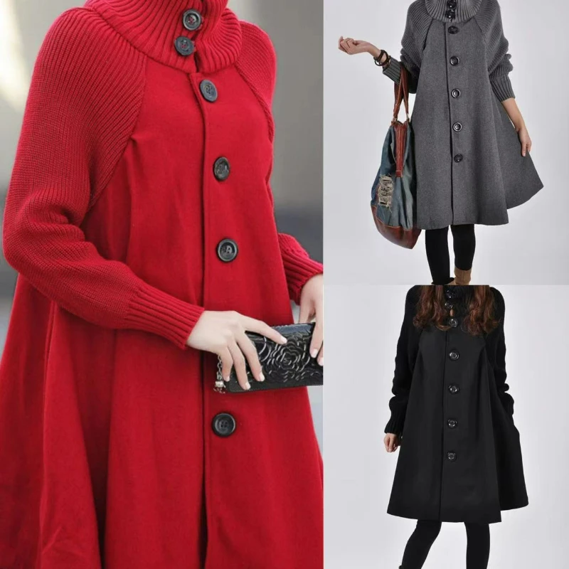 

Women Thick Coats Single Breasted Midi Length Coat Knit Turtleneck Warm Cardigan Casual Solid Capes Warm Sweater Winter